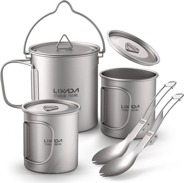 Titan-Camping-Geschirrset in Silber mit Topf, Wasserbecher mit Deckel und zusammenklappbarem Gabel, 750 ml - Bild 1