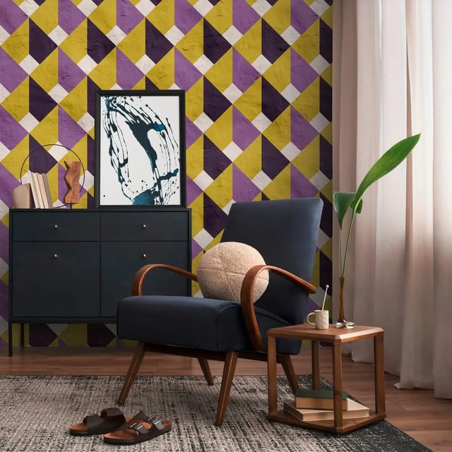 PROFHOME Fototapete Retro Geometrisch Matt in Violett, Gelb und Weiß, Breite: 159 cm, Höhe: 280 cm - Bild 1