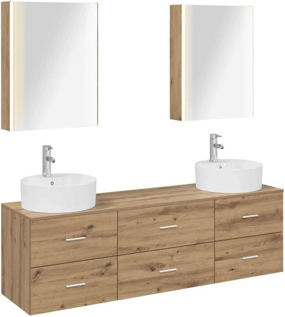 vidaXL Badezimmermöbel-Set 5-teilig in Artisan-Eiche mit Glas und LED-Beleuchtung, Braun - Bild 1