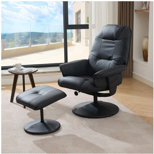 MUVOE Massagesessel mit Liegefunktion, Heizung und Fußstütze, 360 Grad drehbarer Relax-Fernsehsessel aus schwarzem PU-Gewebe - Bild 1