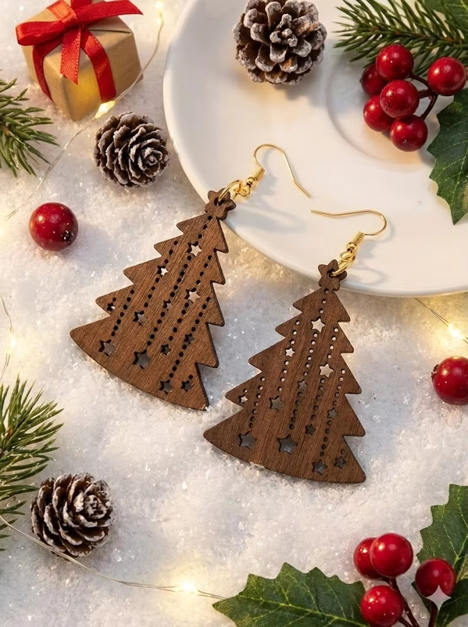 YULUCH Ohrhänger-Set 4-teilig, Holz, Weihnachtsbaumform, Damen, Vintage - Bild 3