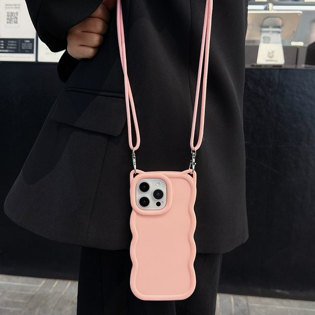 Katzenohr-Wellen Handyhülle für iPhone 17 Pro Max 16 Pro Max 15 mit verstellbarem Umhängeband und Nackenriemen in Pink - Bild 1