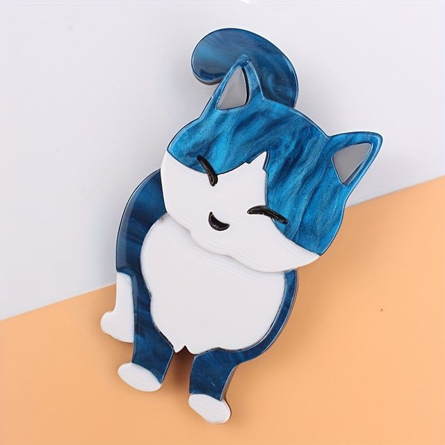 shmik Brosche, Acryl, blau, weiß, Katzenform, Unisex - Bild 1