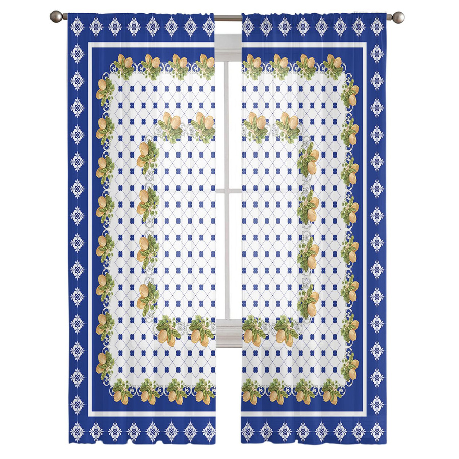 Transparenter Voile-Vorhang mit Zitronen-Motiv in Blau, Breite: 150 cm, Höhe: 250 cm - Bild 2