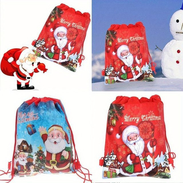 5 Stück Weihnachtliche Santa Claus Geschenktaschen aus Textil in Rot mit Kordelzug zur Aufbewahrung von Spielzeug und Geschenken - Bild 1