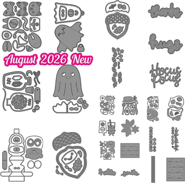 Halloween Metallstanzform Big Hugs Pop-Up Katze mit Blatt- und Eichelfrucht-Bordüre in Silber für Karten, Scrapbooks und Tagebücher - Bild 1