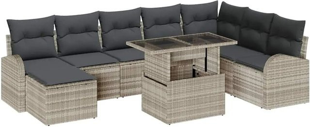 vidaXL Garten-Sofa-Set aus Polyrattan in Hellgrau mit 9 Teilen und Kissen - Bild 1