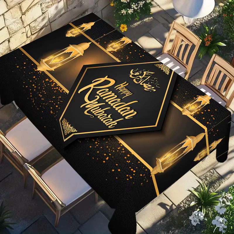 VIKAMA Ramadan Tischdecke mit Kareem-Motiv, rechteckige Leinentischdecke in orientalischem Design für deine Feiertagsdekoration - Bild 3