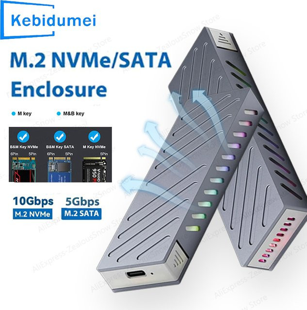 Kebidu M.2 NVMe und SATA SSD-Gehäuse Dual Protocol Adapter mit USB 3.1 Typ C, 10 Gbit/s, Aluminium Externe Box für M- und B&M Key - Bild 1