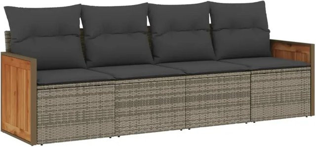 vidaXL 4-tlg. Garten-Sofagarnitur aus Poly-Rattan in Grau mit Kissen und pulverbeschichtetem Stahlgestell - Bild 1