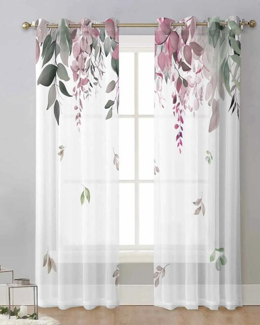 Yiran Furniture Transparente Voile Chiffon Vorhänge mit Eukalyptus-Blatt-Design, 2er-Set, Farbe: Transparent/Weiß, Breite: 65 cm, Höhe: 60 cm - Bild 1