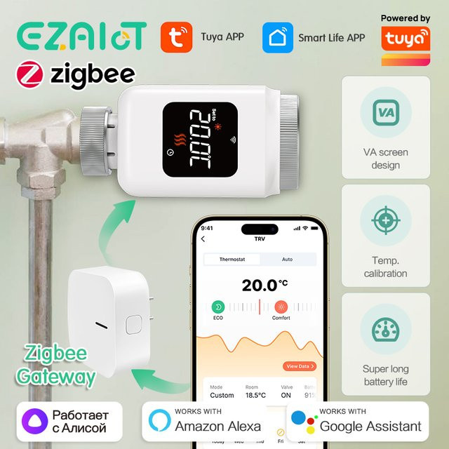 EZAIOT Smart TRV Thermostatventil Tuya ZigBee Heizkörperthermostat mit App-Steuerung und Alexa Google Home Unterstützung in Weiß - Bild 1