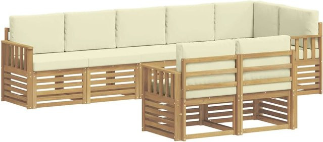 vidaXL Outdoor-Sofagarnitur 8-teilig in L-Form aus Akazienholz mit Polstern in Weiß und Beige, B/T/H: 306 x 128,5 x 73 cm - Bild 1