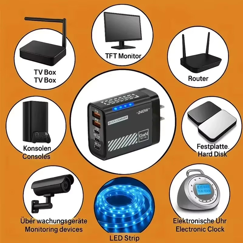 240W GaN Schnellladegerät mit 5 Ports, QC3.0 und PD, inklusive LED-Licht, passend für iPhone, Samsung, Huawei und Xiaomi (US/EU-Stecker) - Bild 4
