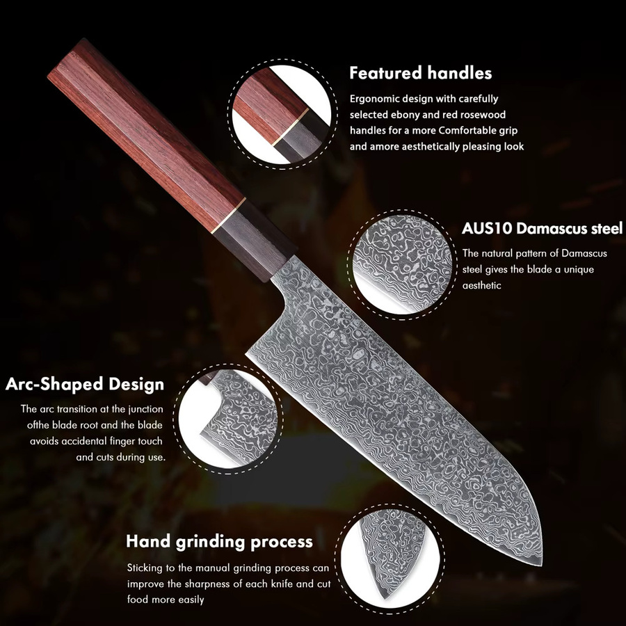 MOSTODOZO Santoku-Messer aus 67-Lagen Damaszener Stahl, 7 Zoll, Silber mit Holzgriff - Bild 4