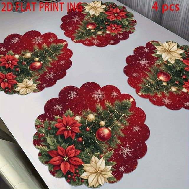 VIKAMA 4-teiliges rundes Weihnachts-Tischset-Set mit Blumenmuster und Weihnachtsbaum-Design, rutschfest und waschbar - Bild 1