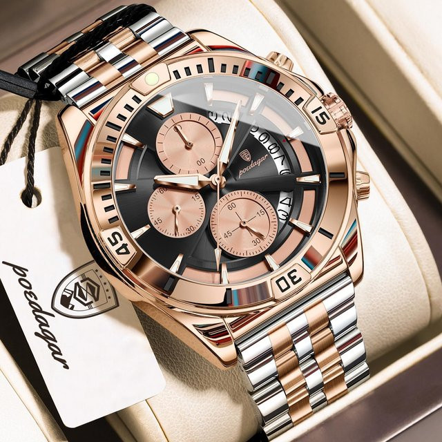 POEDAGAR Armbanduhr Chronograph, Quarz, Edelstahl, schwarz/rose gold, Herren - Bild 1