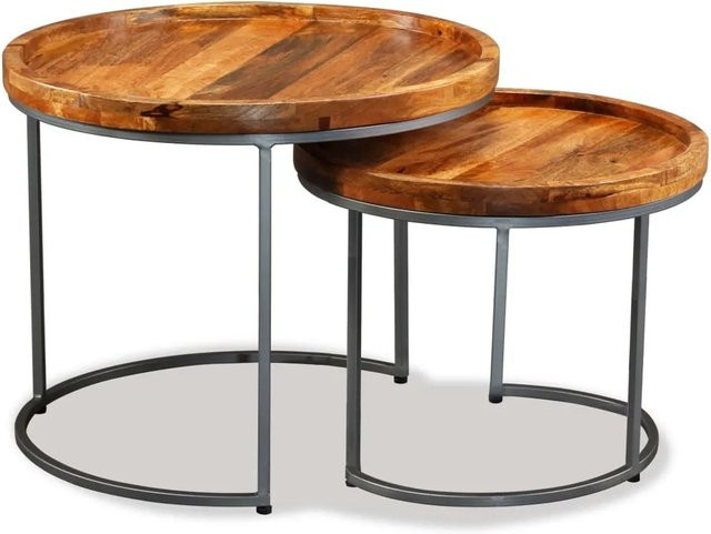 vidaXL Beistelltisch-Set aus 2 Stück in Braun, Mangoholz Massiv und Eisen im industriellen Stil, runde Tischplatten - Bild 1