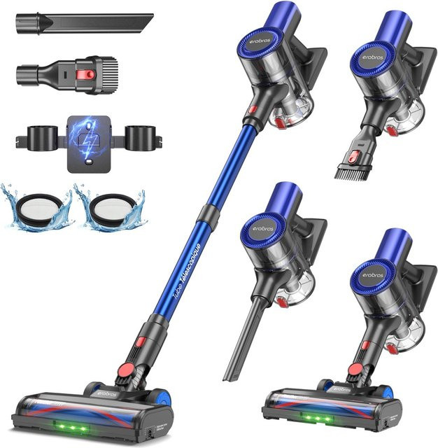 Erabros EV2 Kabelloser Staubsauger in Blau mit 450W Saugkraft, LED-Display und Beutellose Technologie für Tierhaare und Teppiche - Bild 1