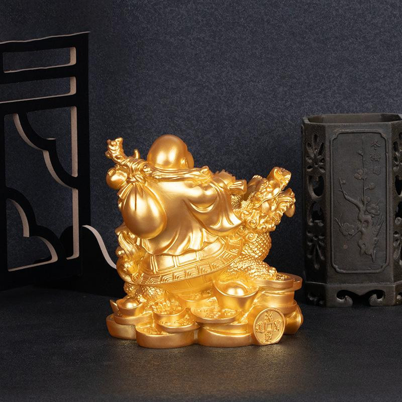 Yiran Furniture Lachender Buddha Statue aus Harz in Gold als moderne Feng Shui Dekoration mit Drachenschildkröte - Bild 2