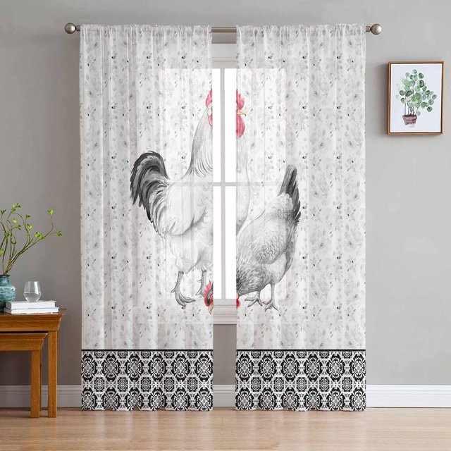 Super Six Transparente Tüll-Vorhänge im Landhausstil mit Hahn und Henne sowie floralem Muster, Schwarz-Weiß, Breite: 135 cm, Höhe: 114 cm - Bild 1