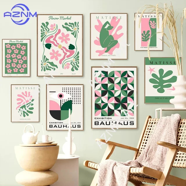 KAYOU Bauhaus Matisse Flower Market Leinwandgemälde in Rosa und Grün mit floralem Motiv - Bild 1