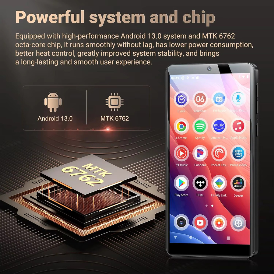 Oilsky MP3-Player mit 128 GB Speicher, Bluetooth und WLAN, Android 13.0, 5,5-Zoll-HD-Touchscreen und 13 MP-Kamera in Schwarz - Bild 2
