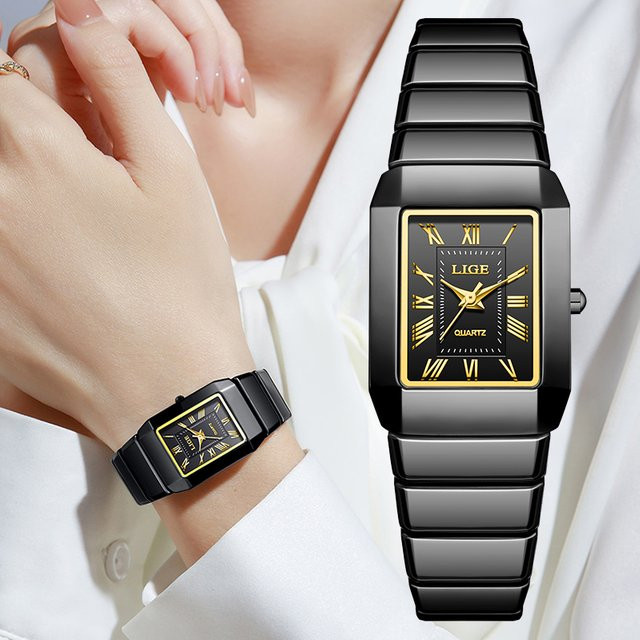 LIGE Armbanduhr Damen, Keramik, Quarz, Schwarz, Rechteckig - Bild 1