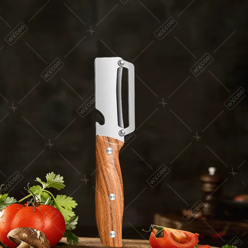 WXCOO Gemüseschäler aus Edelstahl mit Holzgriff in Braun, 2-in-1 Obstschäler und Flaschenöffner für Kartoffeln und Zuckerrohr - Bild 5
