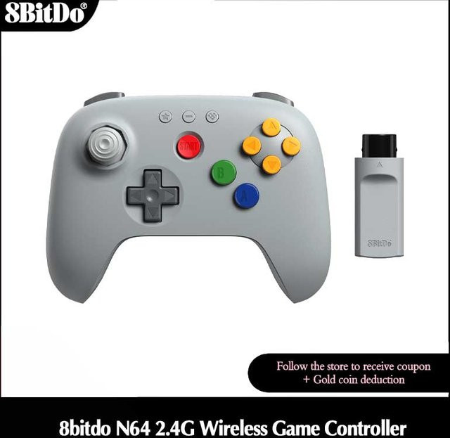 8BitDo N64 2.4G Wireless Gaming Controller mit Hall-Effekt und Adapter für N64 und PC, Grau - Bild 1