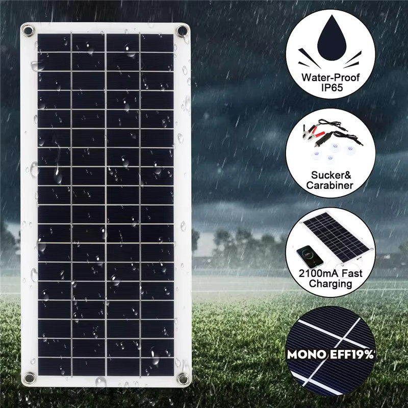 ZRGAE Solarpanel-Ladegerät 50 W, 12 V, monokristalline Solarzelle mit USB-Stromversorgung, Schwarz, tragbares Ladegerät für Camping, Auto und Outdoor - Bild 2