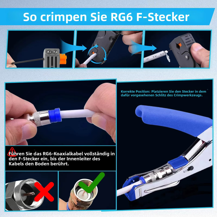 ZoeRax Koaxial-Kompressionswerkzeug-Set mit Crimper-Zange, Abisolierwerkzeug und 20 RG6 F-Steckern - Bild 5