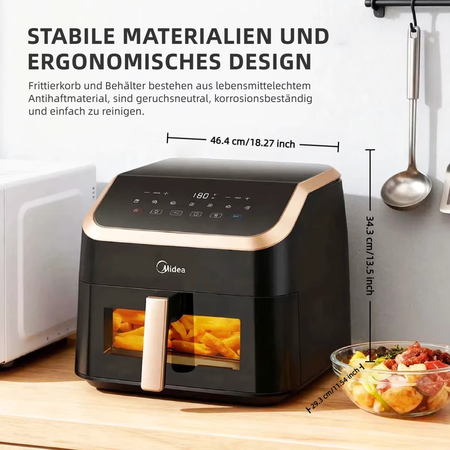 Midea XXL Heißluftfritteuse 8-in-1 mit Sichtfenster, 8,5 l Volumen, bis 200 °C, Schwarz/Roségold - Bild 3