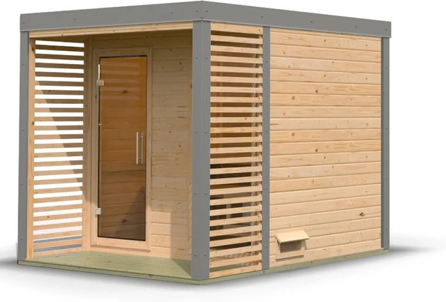 Karibu Saunahaus Seros Blockhaus aus Fichte und Espe in Naturbelassen und Graualuminium - Bild 1