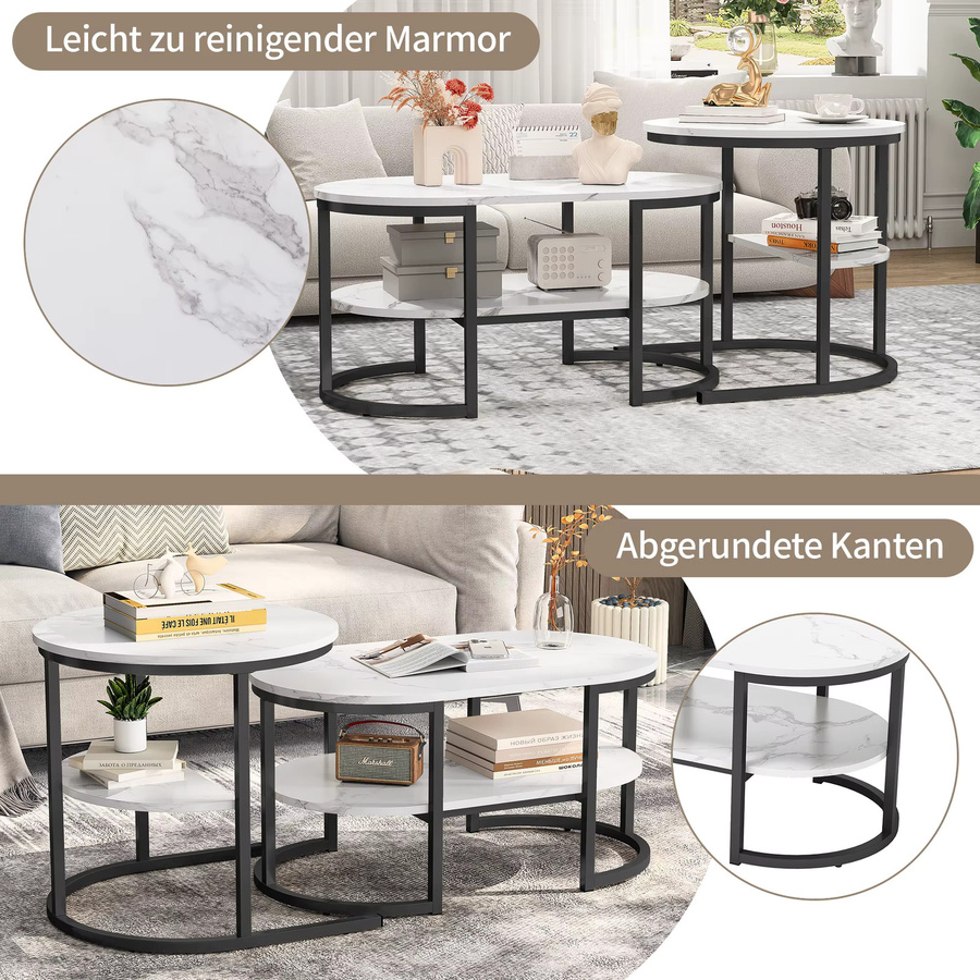 Superaly Couchtisch-Set mit 2 Tischen in Marmor-Optik, moderner 2-in-1 Sofatisch mit Stauraum, rund und oval, Schwarz und Weiß - Bild 3
