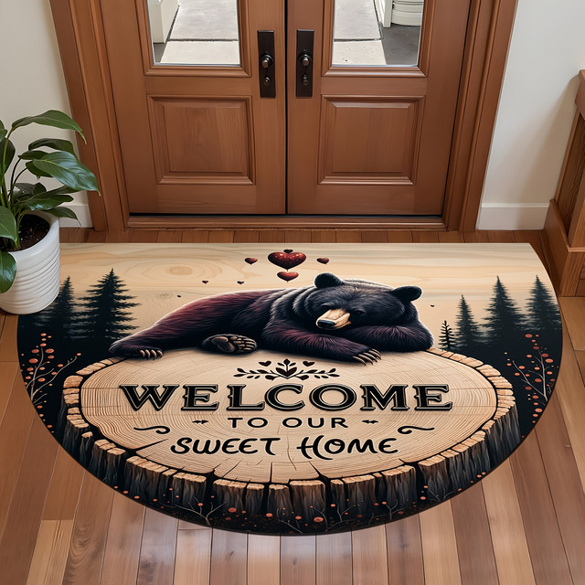 VIKAMA Retro-Fußmatte mit Waldbär-Motiv, halbkreisförmig, mehrfarbig, maschinenwaschbar und wetterfest, B: 60,0 cm, T: 40,0 cm - Bild 1