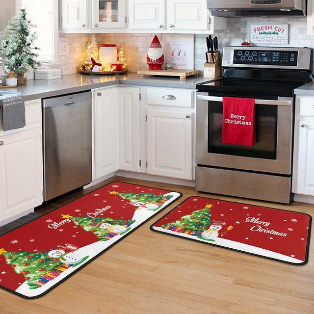 Vikama 2er-Set Weihnachtliche Küchenläufer mit Schneemann Motiv, rutschfester und waschbarer Teppich für Flur und Heimdekoration - Bild 1