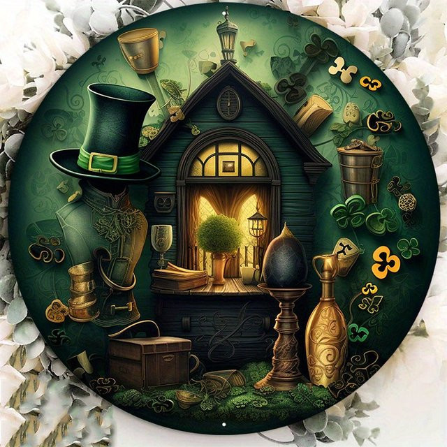 Potdemiel Aluminium-Metallschild St. Patrick's Day Dekoration mit Kobold, Kleeblatt und Goldmünzen, B/H: 20,3 x 20,3 cm, Grün und Gold - Bild 1