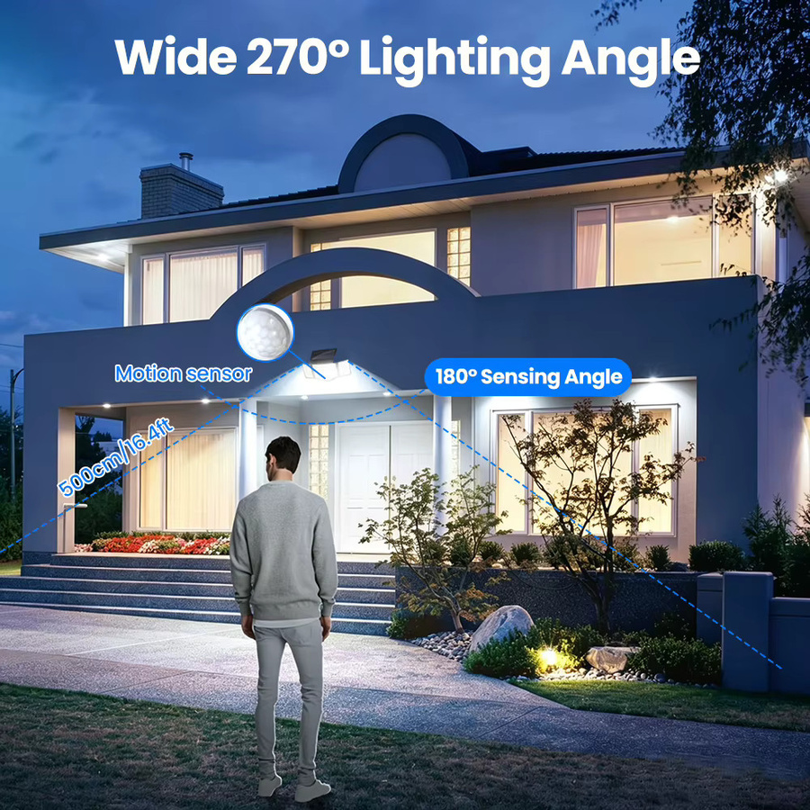 Solar-Außenleuchten mit 348 LEDs und Bewegungssensor, IP65 wasserdichte LED-Wandleuchte mit 3 Modi für Garten und Hof, schwarzes Solar-Flutlicht mit 3 Köpfen - Bild 3