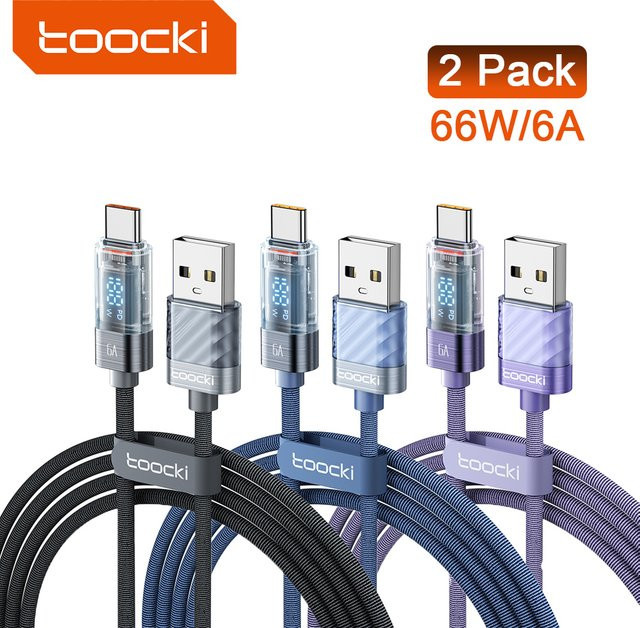 Toocki USB A auf Typ C Schnellladekabel 66 W 6 A mit Digitalanzeige in Blau - Bild 1