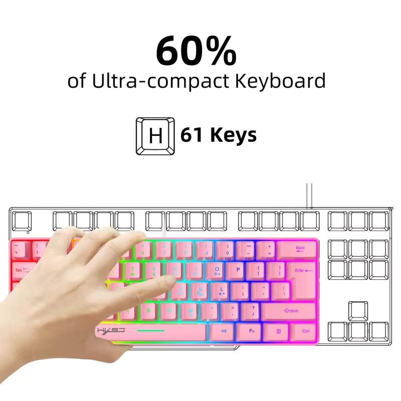 HXSJ RGB-Gaming-Tastatur in Pink, kompakte 60 % Tastatur mit 61 Tasten und USB-Anschluss, kompatibel mit PC, Mac und Laptop - Bild 2