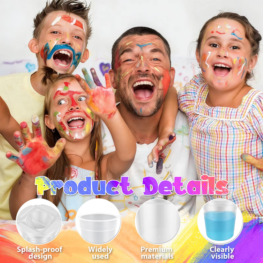 Set aus 5 oder 12 auslaufsicheren Farbbechern für Kinder aus Kunststoff in Mehrfarbig und Transparent mit Deckel als Pinselreiniger und Kunstbedarf - Bild 2