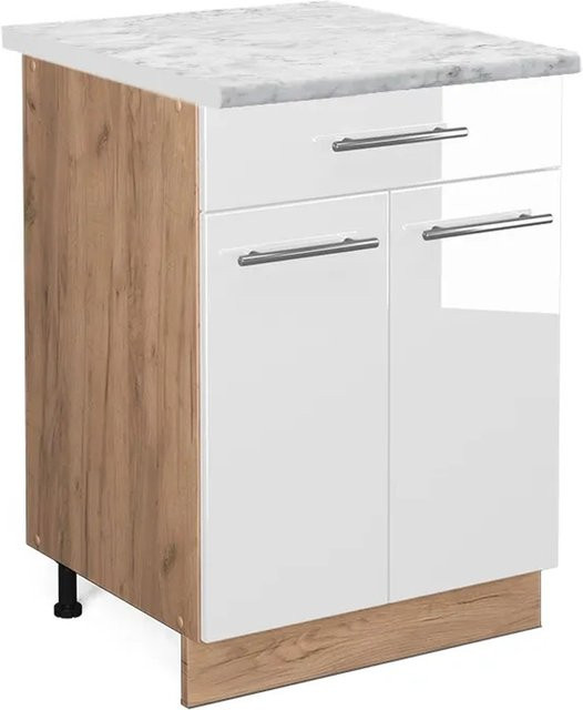 Vicco Küchenunterschrank Fame-Line in Weiß Hochglanz und Eiche mit Schublade und Soft-Close-Türen, B/T/H: 60 x 60 x 82 cm - Bild 1