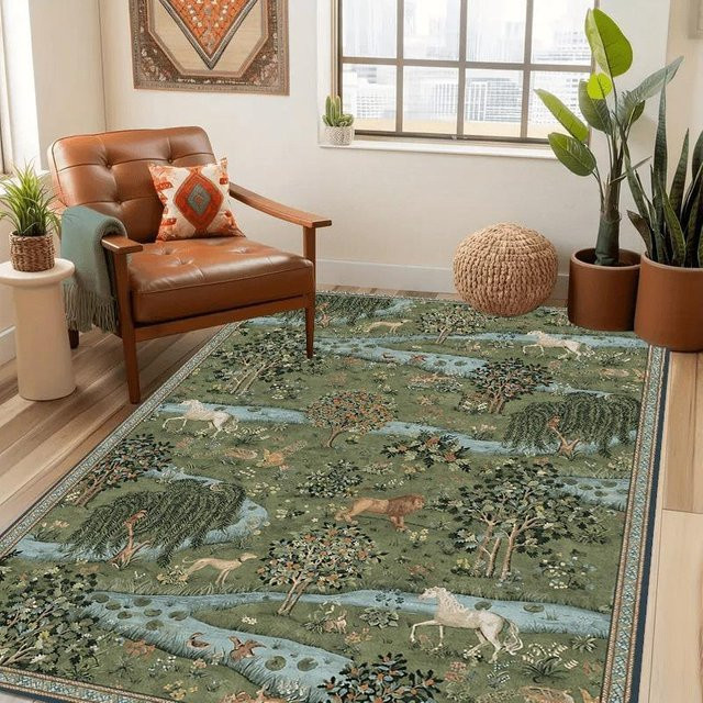 William Morris Eule & Weide Natur Teppich Grün Botanisches Design aus Polyester, B/H: 60 x 40 cm - Bild 1