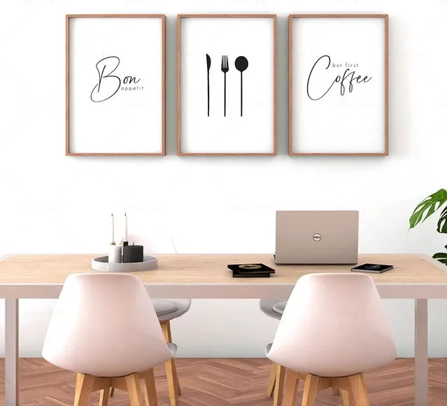 Potdemiel Wandkunst Bon Appetit Leinwandposter mit Besteck-Motiv in Weiß, minimalistisches Design für deine Küche und dein Esszimmer - Bild 1