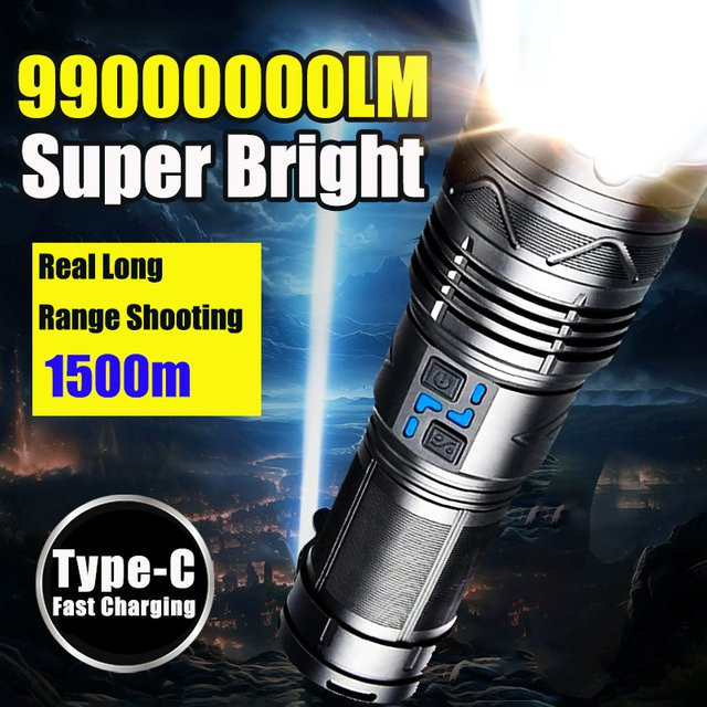 Wiederaufladbare LED-Taschenlampe und Notfalllaterne in Schwarz mit Zoom-Funktion und Leistungsanzeige - Bild 1