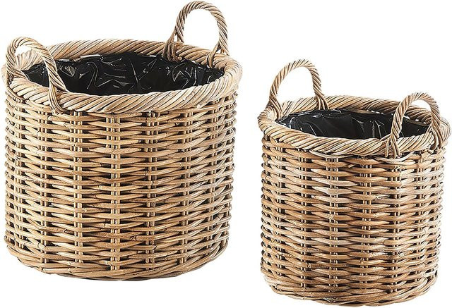Kobolo Pflanzkorb Übertopf Rattan 2er Set mit Folie in Kubu Grey Grau rund - Bild 1