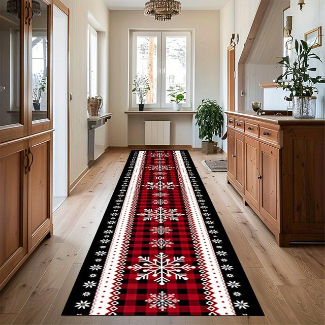 VIKAMA Weihnachts-Läufer-Teppich mit Schneeflocken-Design in Rot für Flur, Küche und Schlafzimmer - Bild 1
