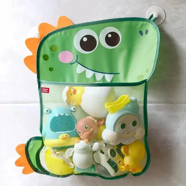 vvocci Baby-Badespielzeug-Aufbewahrungstasche in Grün mit Saugnapf und Dinosaurier- sowie Tiermotiven als hängender Netz-Korb für Wasserspielzeug - Bild 1