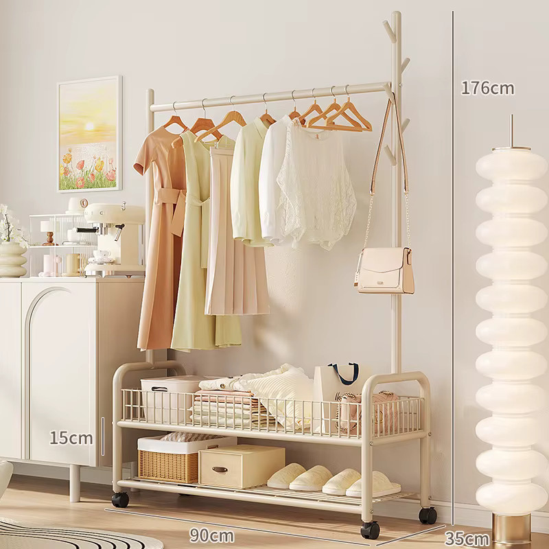 LIUSHADUOLA Mobiler Kleiderständer aus Metall in Beige oder Weiß mit Regalen und Haken für dein Schlafzimmer - Bild 2